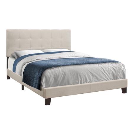 Monarch Specialties Bed, Queen Size, Platform, Bedroom, Frame, Upholstered, Linen Look, Wood Legs, Beige, Black I 5921Q